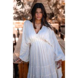 Vestido Maxi Boho Blanco para Mujer, Cuello en V, Manga Corta, Ecológico, Cintura Natural, Estilo Étnico a Rayas, Informal, para Playa o Resort - Product Image 3