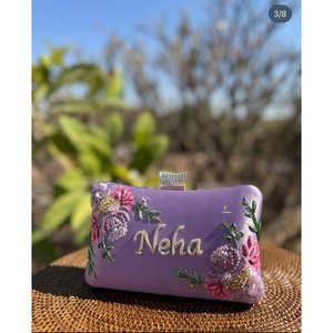 Handmade <b>Purple</b> Floral Embroidered Satin <b>Clutch</b> with Beaded Flowers and Neha Name Personalization 7 Inch for Evening Use - Product Image 1