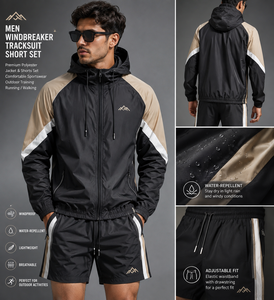 Mens Windbreaker Tracksuit Short Set Water Repellent Lightweight Breathable Hoodie <b>Jacket</b> and Shorts for Running Walking - Product Image 4