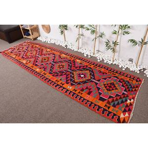 Alfombra Kilim Turca Vintage de 3 x 10,8 pies, Ecológica, Tradicional, Color Naranja Rojo, Tejido Plano, Diseño de Patchwork, para Dormitorio o Pasillo, de Lana - Product Image 1