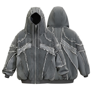 Chaqueta Vaquera con Capucha y Cremallera en el Panel Frontal, Estilo Urbano, Personalizada, Desgastada, para Hombre y Mujer, Chaqueta Vaquera Holgada con Hombros Caídos - Product Image 4