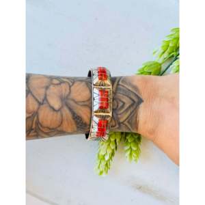 Vintage Navajo Fashion <b>Cuff</b> <b>Bracelet</b> Handmade with Coral & Sterling <b>Silver</b> - Product Image 2