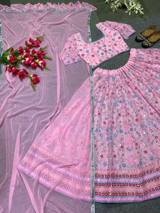 Material de Georgette de imitación de calidad de exportación con corte Kali Lehenga Choli con trabajo de bordado de secuencia de 5mm Dupatta de India - Product Image 6