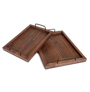 Juego de 2 bandejas redondas de cerámica de madera de pino hechas a mano con asas de metal para decoración del hogar/Hotel y uso en restaurantes - Product Image 1