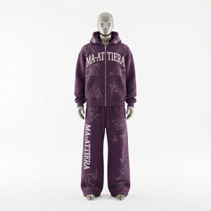 Conjunto de chándal de dos piezas con sudadera con capucha con cremallera y estampado de estrella de diamantes de imitación morados personalizados y pantalones deportivos de pierna ancha - Product Image 3