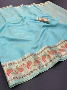 Traditionele Look Indian <span class=keywords><strong>Designer</strong></span> <span class=keywords><strong>Saree</strong></span> In Organza Zijde Met Weefwerk Rand Met Blouse Stuk - Product Image 5