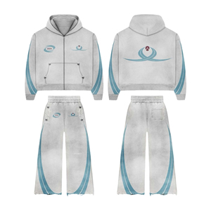 Unisex Gray Tracksuit Set Full Zip Hoodie Blue Stripes Heat-Transfer Printing Breathable Eco-friendly 100% Cotton Casual Wear - Product Image 1