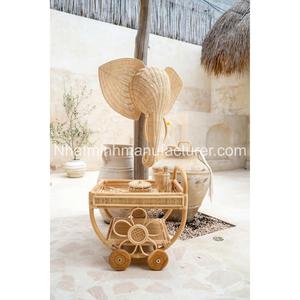 Carrito de Servicio de Comida y Bebida Tejido en Ratán Natural para Niños, Carrito de Té de Ratán, Carrito de Juego de Imitación para Niños - Product Image 3