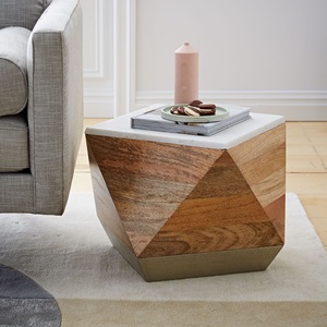 Contemporary Geometric Wood Coffee <b>Table</b> With Marble Top And Metal Base For Living Room - Product Image 1