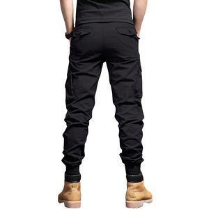 Mens Black Cargo Jogger Pants Mid Elastic Drawstring Multi Pocket Casual Outdoor Cotton Canvas Trousers Regular Fit Bottoms - Product Image 2