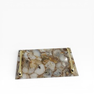Rectangular Neutral Natural Agate Stone <b>Serving</b> <b>Tray</b> with Soft Crystal Texture and Classic <b>Gold</b> Metal Handles - Product Image 1