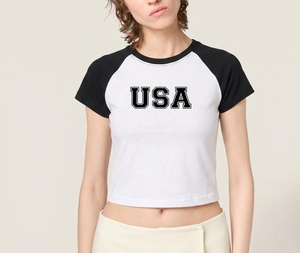 Camiseta Corta de Manga Raglán con Estampado Americano para Mujer, Cuello Redondo, Manga Corta, Blanca y Negra, Ajustada, de Algodón, para Primavera/Verano - Product Image 2
