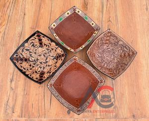 Western Hand Tooled Leather <b>Tray</b> Full Grain Cowhide Leather Bowls High Quality Luxurious Bowls Handcrafted Decorative Homeware - Product Image 1
