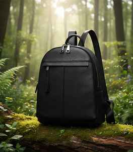 Sac à dos pour ordinateur portable en cuir véritable noir pour femmes avec fermeture à glissière Doublure en coton - Écologique Léger Sac de voyage Sac d'école - Product Image 4