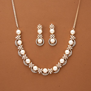 Wholesale Fashion Jewellery in India Cubic Zirconia Moti Necklace with 2 Tone Rhodium Plating - Product Image 1