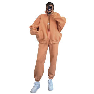 Ensemble de vêtements chauds de couleur unie pour femmes, vêtements d'automne et d'hiver, survêtements chauds à col montant et fermeture éclair - Product Image 5