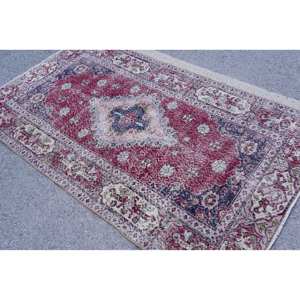 Vintage Turkish Wool <b>Rug</b> 4.4 X 7.5ft Red Beige Oriental Style Unique Large Area Patchwork Pattern Latex for Exhibition <b>Hallway</b> - Product Image 2