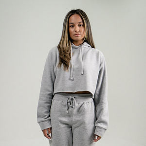 ชุดวอร์มครอปสตรีแบบสั้น ปี 2024 ผ้าฟลีซคอตตอนสั่งทำพิเศษ สีพื้น สไตล์ลำลอง มีฮู้ด ระบายอากาศได้ดี สำหรับฤดูหนาว-ขายส่ง - Product Image 2