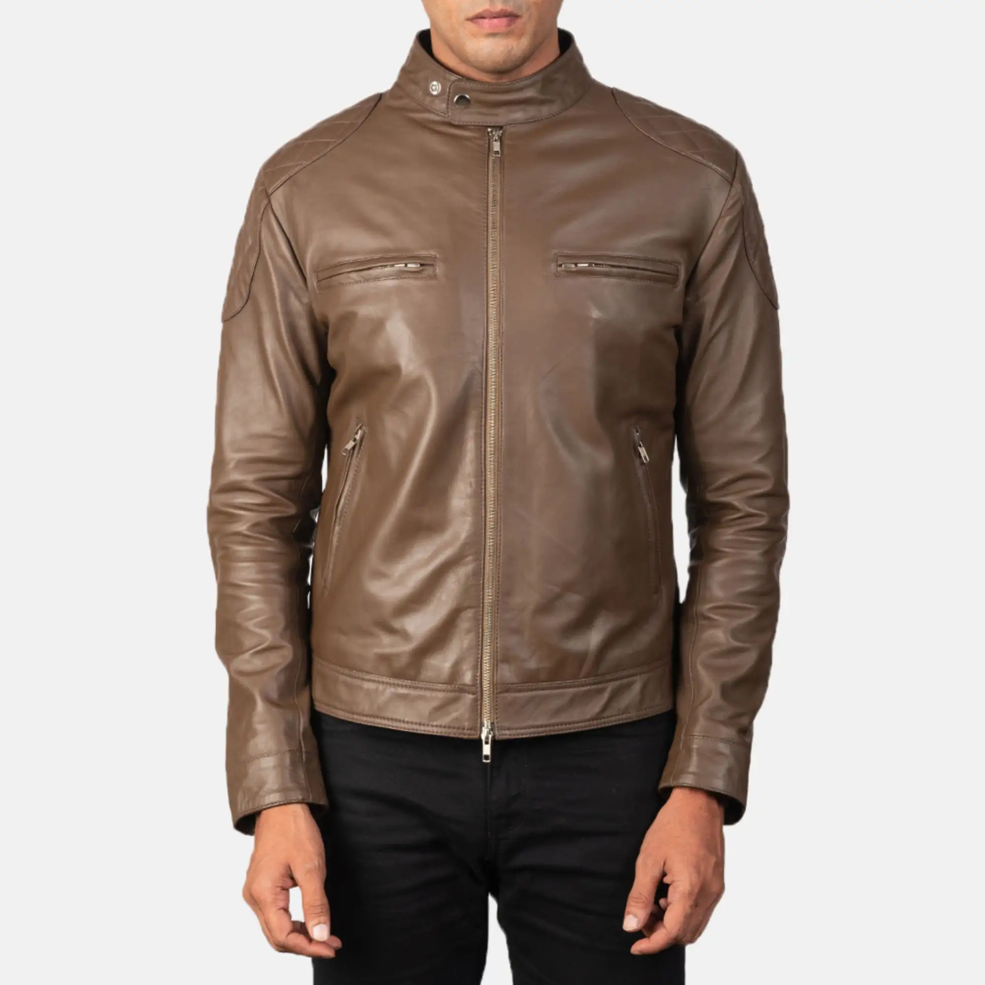 Real Leather Sheepskin Aniline Zipper Gatsby Mocha Men Biker Jacket with Quilted Viscose Lining and Inside Outside Pockets