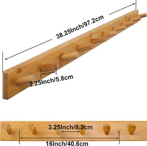Wood Coat Rack Wall Mounted 10 <b>Peg</b> Long Bamboo Hook for Hanging Backpack Coat <b>Towel</b> Hat16'' Hole to Hole Natural - Product Image 6