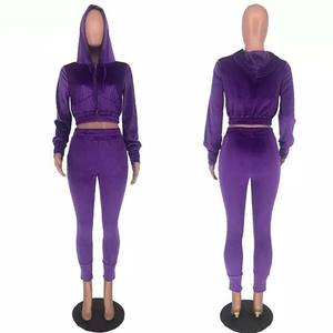Ensemble de survêtement décontracté en velours deux pièces pour femme : crop top à capuche et pantalon à taille élastique – Tenue de sport et jogging - Product Image 6