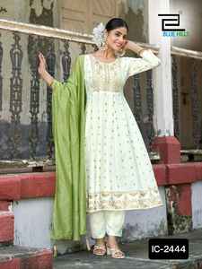 Ropa informal y de festival de moda para mujer, conjunto de rayón pesado Kurti con hermoso estampado de Chanderi pesado con Latkan Dupatta para mujer - Product Image 4