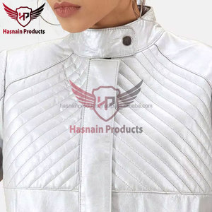 Womens Real <b>Silver</b> Leather Biker <b>Jacket</b> Stand Collar Quilted Chest Sheepskin Coat Zip Pockets Slim Fit Metallic Custom Outwear - Product Image 4