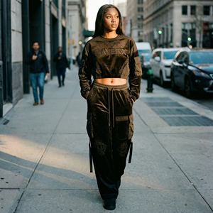 <b>Women's</b> Lightweight Hooded Printed <b>Tracksuit</b> <b>Velour</b> Velvet Embroidery Distressed Crop Top Baggy Jogger Two Piece Set Custom OEM - Product Image 1