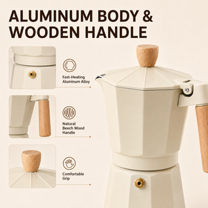 Cafetière Moka en aluminium noir pour cuisinière, avec poignée en bois, style italien, cafetière octogonale - Product Image 5