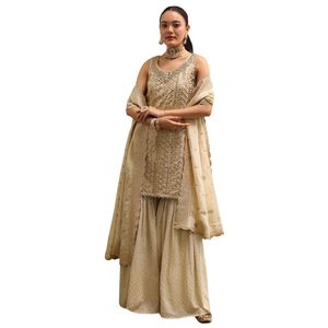 Ivoire brodé Georgette Kurta Sharara ensemble élégant tenue de fête femmes mariage et tenue ethnique festive - Product Image 2