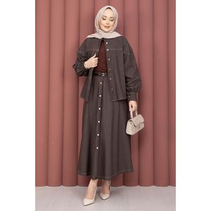 Casual Coffee Brown Shirt & <b>Skirt</b> Set Printed Floral Tencel Knitting Modest Style - Product Image 4