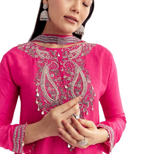Rosa Dola seta Kurta Set con ricamo Zardosi e girocollo Dupatta per le feste Festive all'ingrosso matrimoni Sangeet e massa - Product Image 5