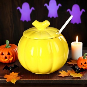 Pot de rangement en céramique en forme de citrouille avec couvercle et cuillère, récipient hermétique pour aliments, organisateur de cuisine décoratif, décoration festive d'Halloween - Product Image 2
