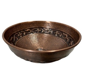 Lavabo/lavabo de baño de granja de cobre puro con forma redonda antigua con material metálico de diseño en relieve de flores - Product Image 2