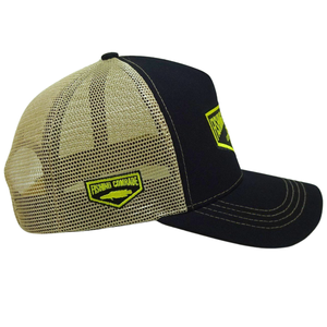 Sombrero de camionero negro de 5 paneles, hilo de contraste de malla amarilla en el ala y logotipo en la parte delantera y izquierda, hebilla de un solo pecho de plástico OEM - Product Image 4