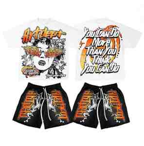 Camiseta de felpa transpirable personalizada para hombre, conjunto de pantalones cortos DTF DTG, ropa de calle con diamantes de imitación por sublimación, ropa de verano de dos piezas OEM 100% algodón - Product Image 1