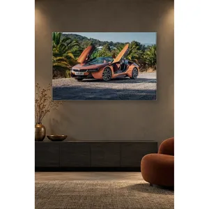 Impression sur toile Fida Orange BMW i8 avec portes ouvertes parmi les palmiers - Product Image 5