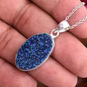 Collier pendentif pierre précieuse Druzy bleu fait à la main bijoux en argent Sterling pendentif élégant cadeau pour elle - Product Image 3