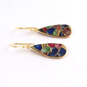 Sertissage de lunette turquoise en cuivre fait main boucles d'oreilles pendantes en laiton plaqué or forme fantaisie bijoux en pierres précieuses compressées pour femmes - Product Image 3