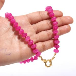 Hot Pink Calcedonia Smooth Rondelle Bead Collar Joyería anudada a mano para mujeres Venta caliente Candy Gem Accesorio - Product Image 5