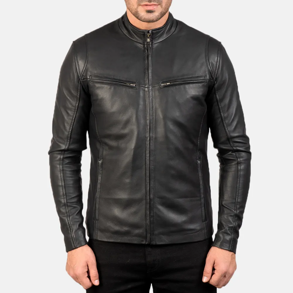 Real Leather Sheepskin Aniline Zipper Iconic Black Men Biker Jacket with Quilted Viscose Lining and Inside Outside Pockets