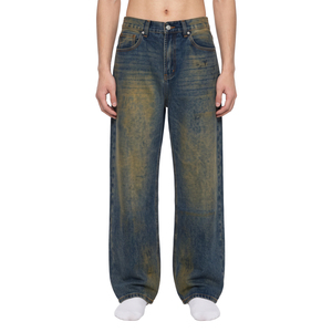 Jeans en denim vintage pour homme, coupe large, avec broderie patchwork et décorations en cristal - Product Image 3