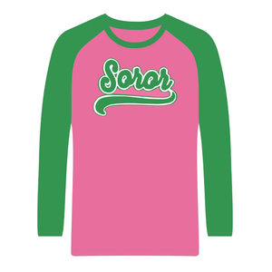 T-shirt à manches courtes rose Soror Raglan, sororité grecque, t-shirt rose et vert pour femmes, sororité universitaire, élégant, été, écologique - Product Image 5