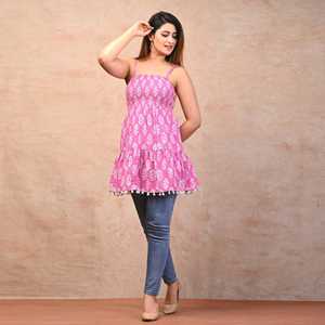 Débardeur Femme Smocké Imprimé Floral en Coton Rose - Product Image 5