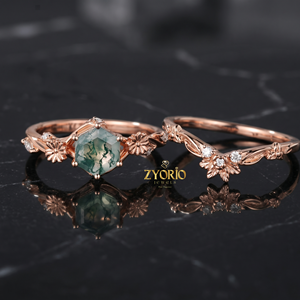Anillo de compromiso floral de ágata musgosa de oro de 10K, conjunto de anillos nupciales hexagonales de ágata musgosa con diseño de hoja y enredadera - Product Image 3