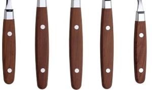 Juego de cubiertos de acero inoxidable de nuevo diseño moderno de 5 piezas con mango de madera manchado de nogal y remaches en las asas - Product Image 2