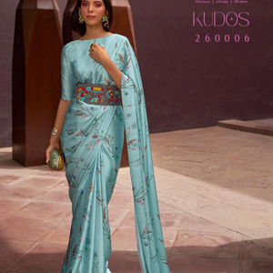 Dernier cri de designer en satin avec saree de style indien à impression numérique - Product Image 2
