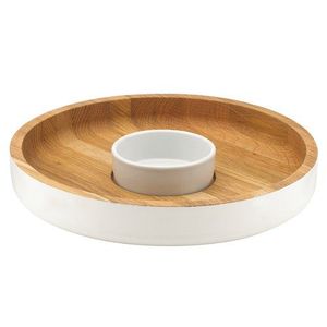 Plateau à copeaux et trempette en bois d'acacia avec bol en céramique Compartiments divisés Plateau de service rond pour collations et trempettes - Product Image 6