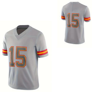 Maillot de football américain gris avec des rayures rouges et jaunes, numéro 15, personnalisable, pour l'équipe, les entraînements et les matchs - Product Image 6