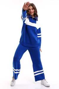 Conjunto de dos piezas de gran tamaño con cremallera a rayas de punto para mujer de alta calidad, ropa informal, ropa de oficina, conjunto de pantalones y suéter - Product Image 3